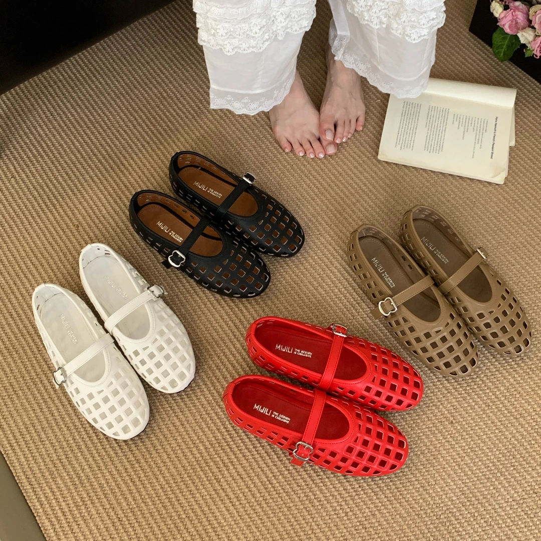 高级感百搭2025新款夏季超火镂空舒适软底平底玛丽珍鞋123-56
