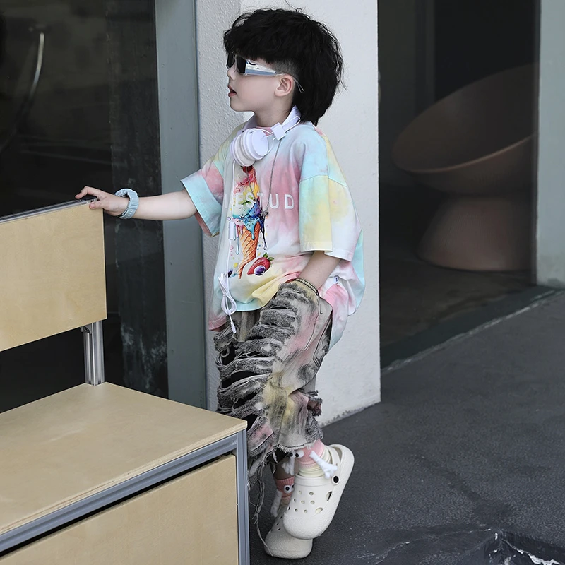 【现货】Jimmy妈童装夏日冰淇淋夏季儿童玛卡龙色系扎染烫画短袖T恤