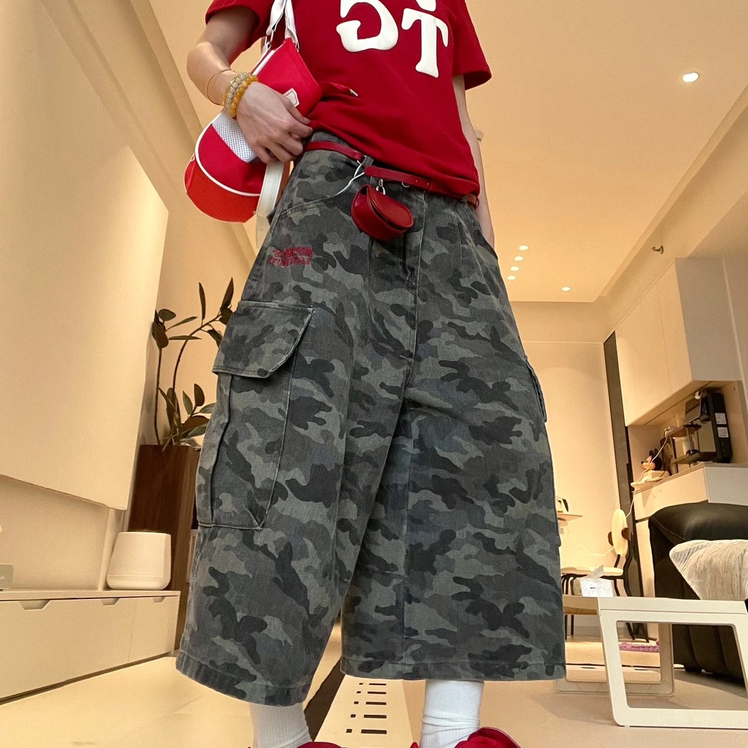 美式高街复古迷彩工装七分裤男女夏季宽松休闲百搭阔腿直筒短裤