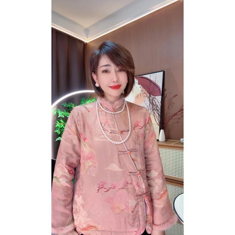 【露lu专属】桃之夭夭-中式右襟加棉国风拼接水貂毛上衣冬季新款