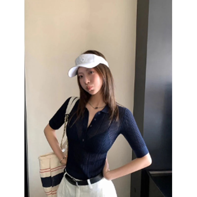 韩系百搭老钱风女装POLO领短袖T恤衫夏季新款小众设计感洋气上衣