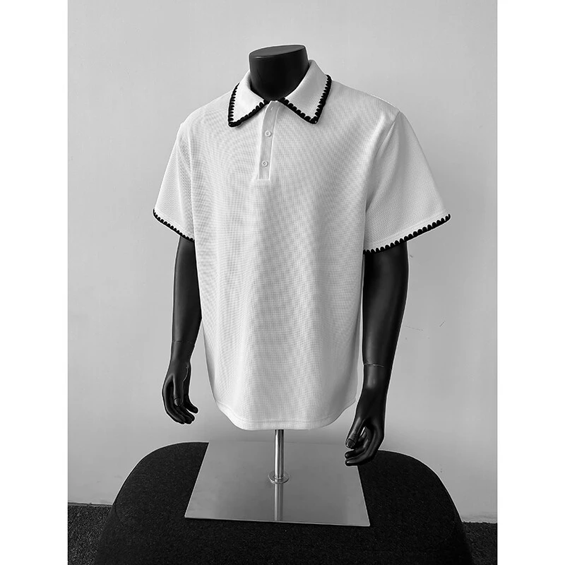 贝壳绣花polo领短袖t恤男夏季美式高街潮牌重磅痞帅宽松五分半袖