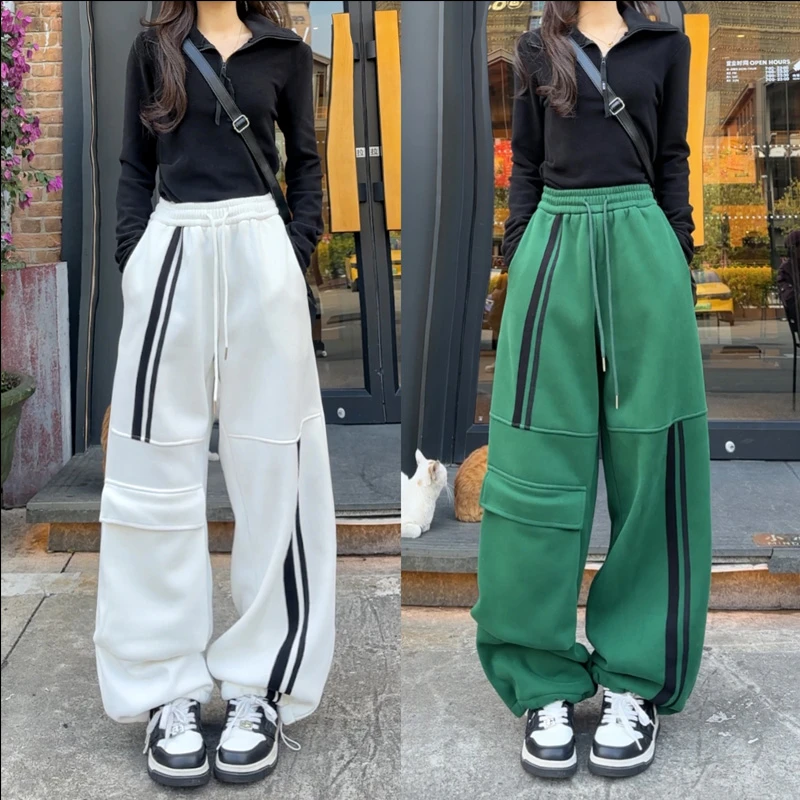 【现货】31061高品质加绒工装卫裤新款直筒撞色条纹拼接百搭休闲裤