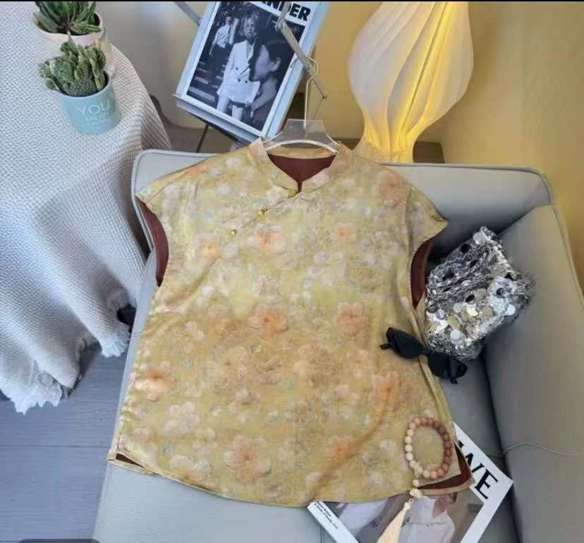 飞袖夏季2025新款上衣小衫新中式女装国风立领提花短袖衬衫