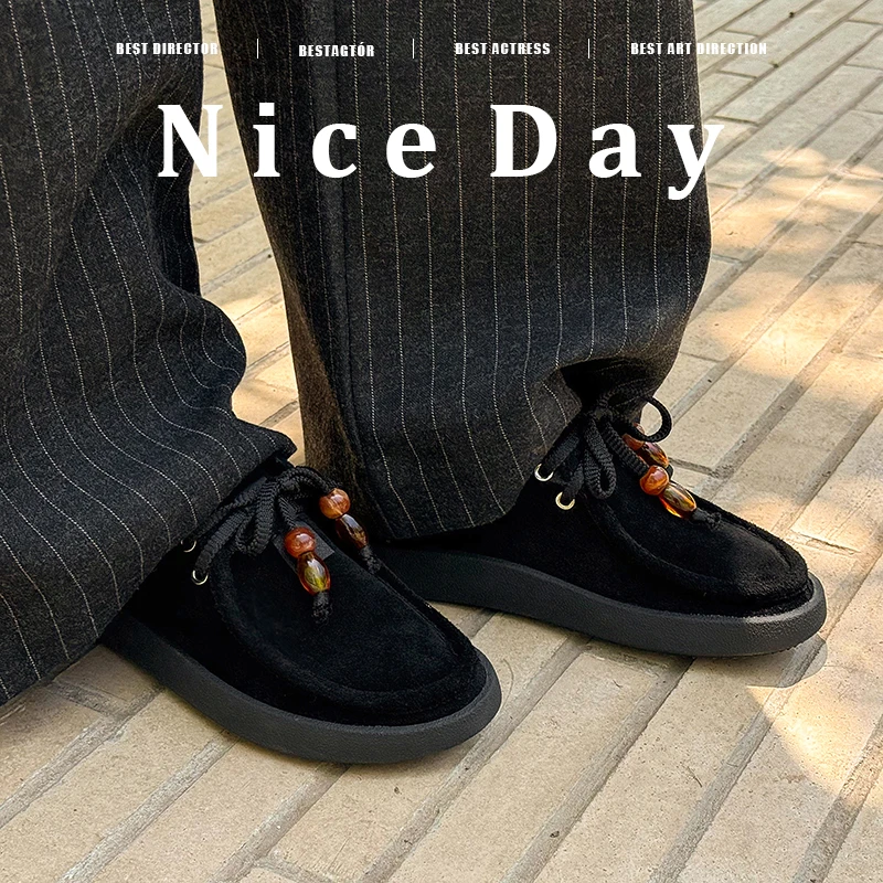 【RANBEST】牛皮/3.5cm/英伦风袋鼠鞋豆豆鞋时尚休闲鞋秋冬乐福鞋女