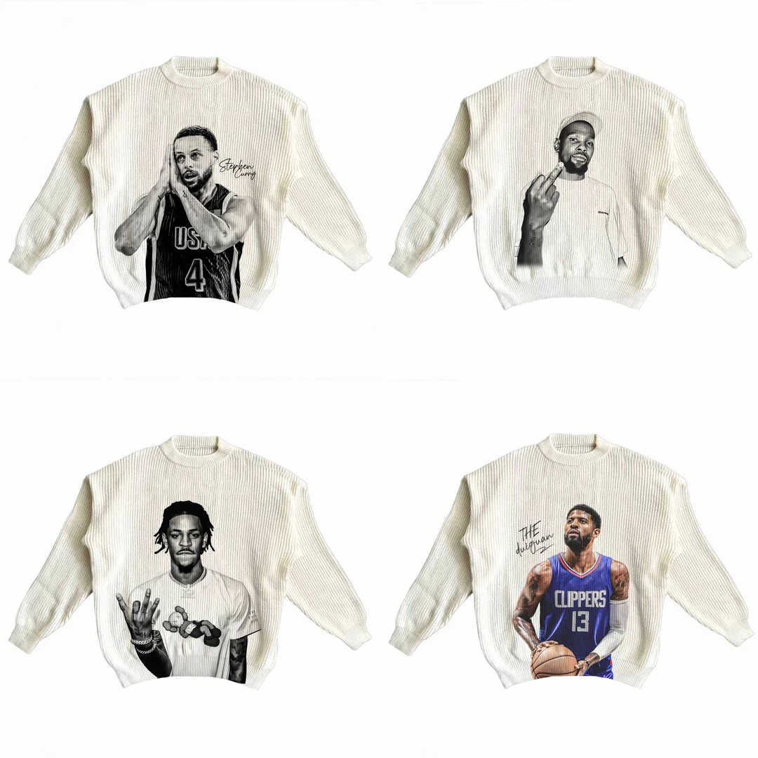 宽松圆领针织衫篮球球星美式数码直喷印花长袖男情侣保暖运动毛衣