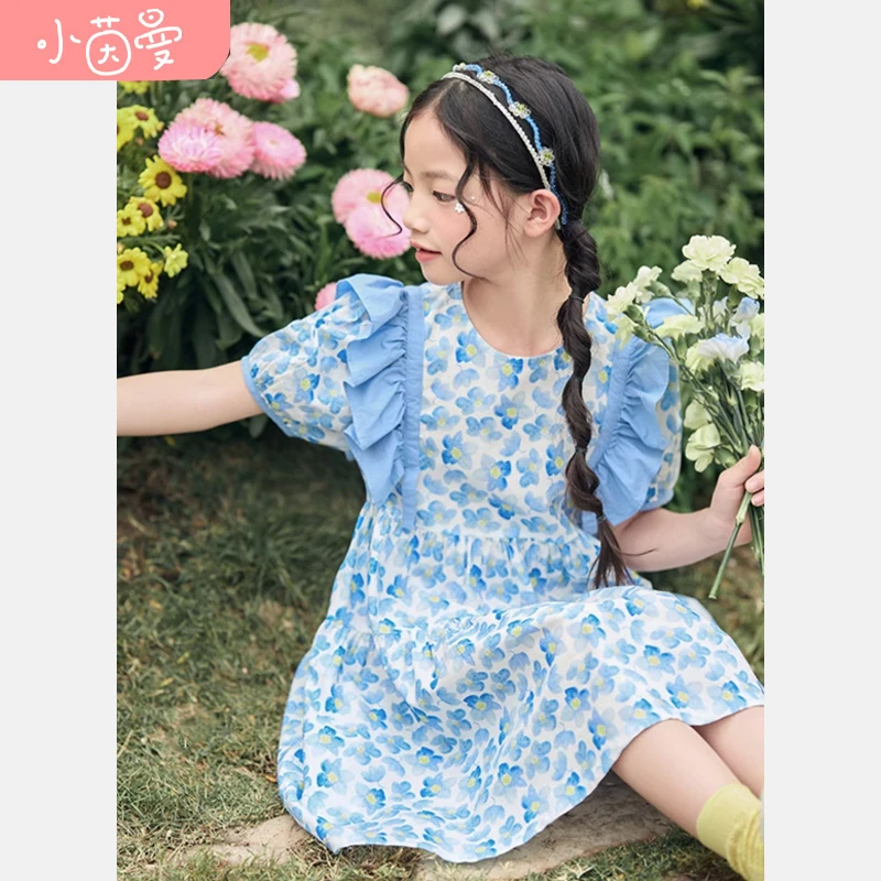 茵曼洋气【蓝蔷薇】女童连衣裙宝宝甜美荷叶袖中碎花公主裙F3832131