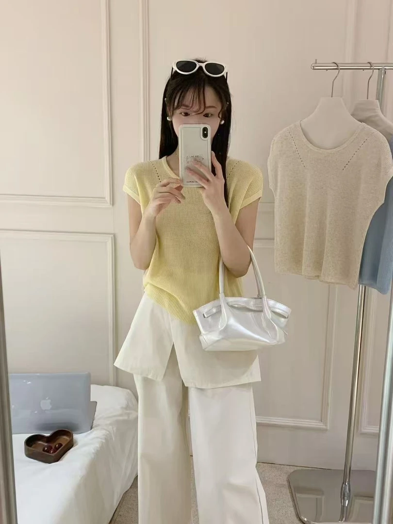 夏蝶妮镂空后背单排扣针织衫显瘦薄款清凉上衣正肩短袖8808