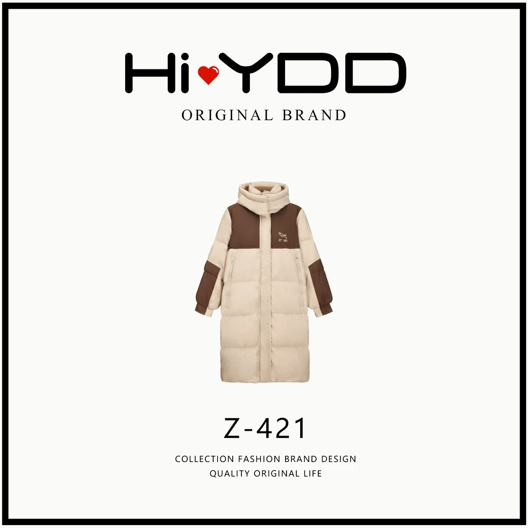 YDD•「Z-421」撞色连帽加厚羽绒服中长款拼接色宽松外套JYC-1235