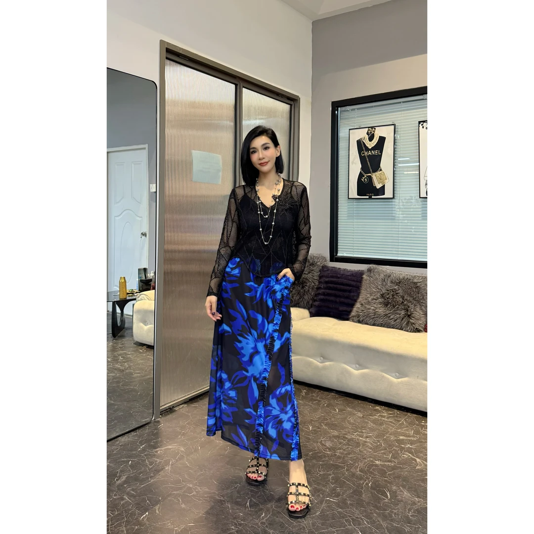 ：SONG-原创【半身裙-蓝墨写花】新款重工时尚百搭显瘦修身