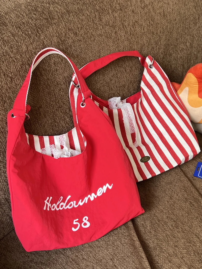 十个勤天 夏季条纹双面单肩包 双面可背ins风百搭好看禾伙人必备