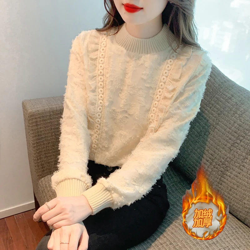 2025秋冬季新款加绒加厚蕾丝衬衫女半高领打底衫洋气时髦长袖上衣