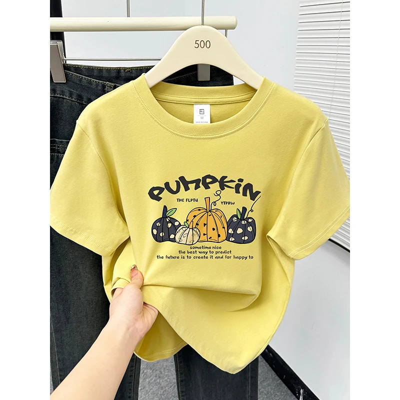 姜黄色南瓜印花圆领正肩短袖T恤女夏季2025爆款时尚大码半袖上衣