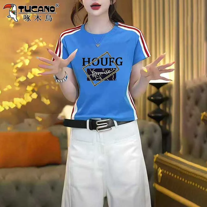 啄木鸟正品棉短袖t恤女夏季2025新款大码宽松显瘦撞色洋气上衣