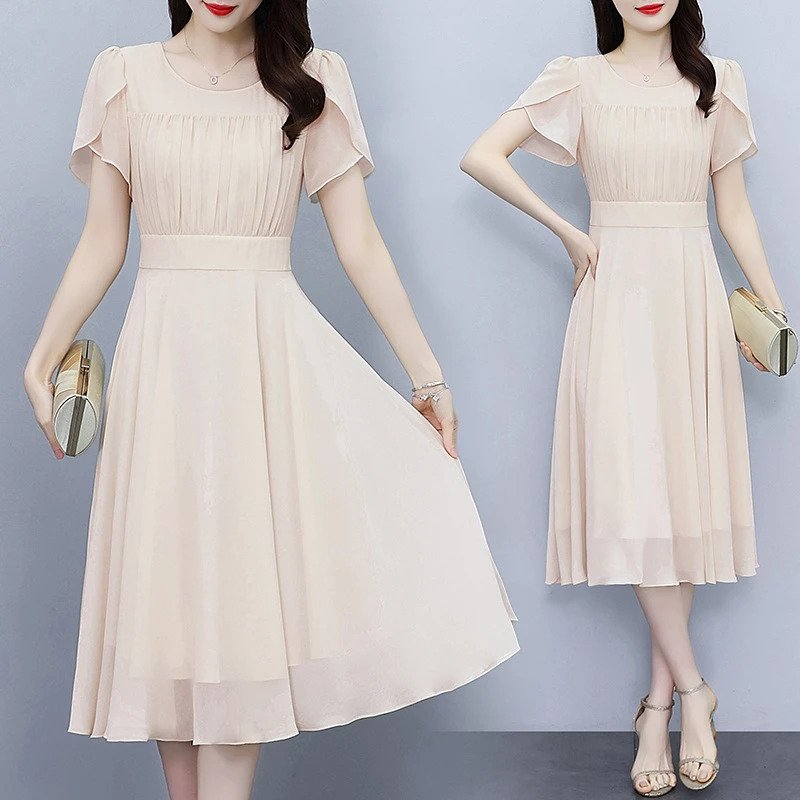 xrk929时尚修身显瘦松紧腰短袖连衣裙女2025夏季新款气质通勤裙子