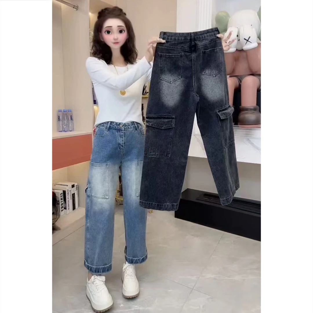 艾塔莉秋季加厚款设计感中腰多口袋水洗牛仔裤宽松阔腿裤老爹裤女