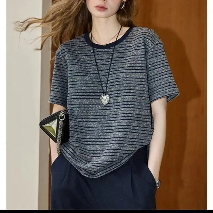 2025年夏季新款经典条纹短袖T恤女装简约设计感宽松显瘦百搭上衣