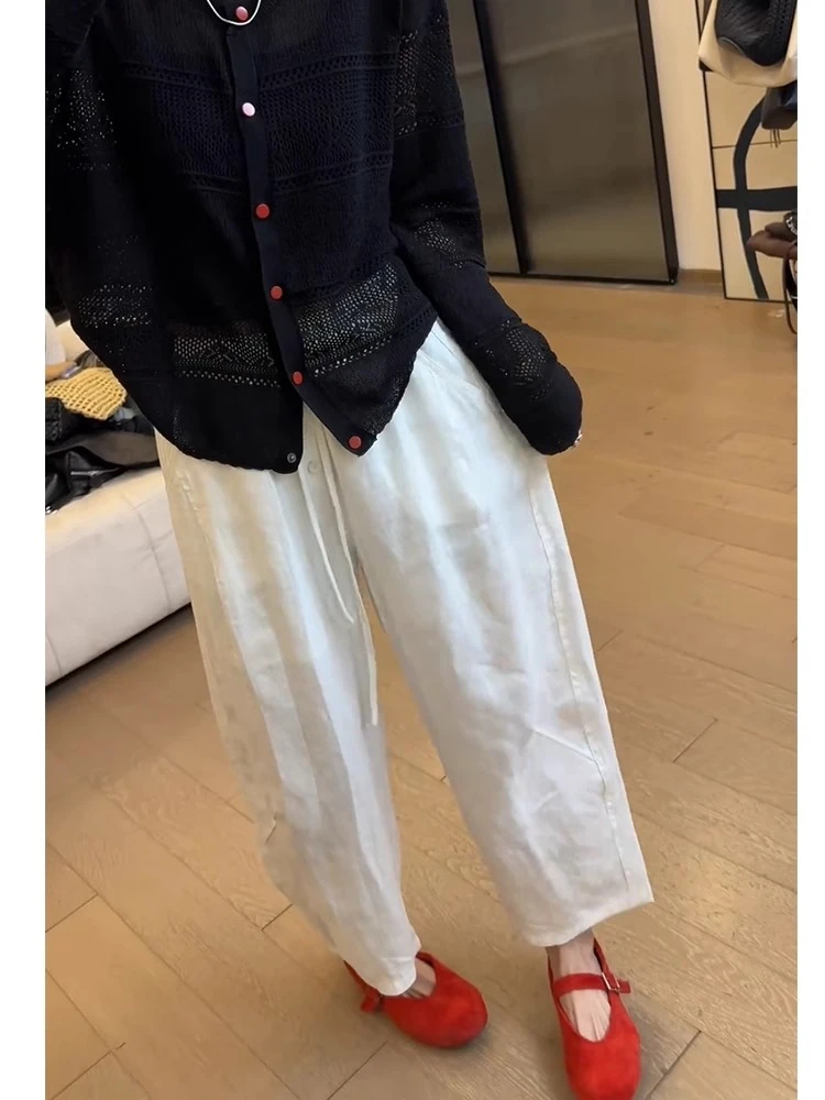 白色九分休闲麻裤窄版阔腿裤夏季薄款大码微胖宽松显瘦裤