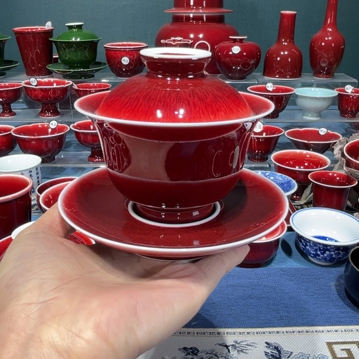 美***素景德镇浅行窑三才元宝盖碗