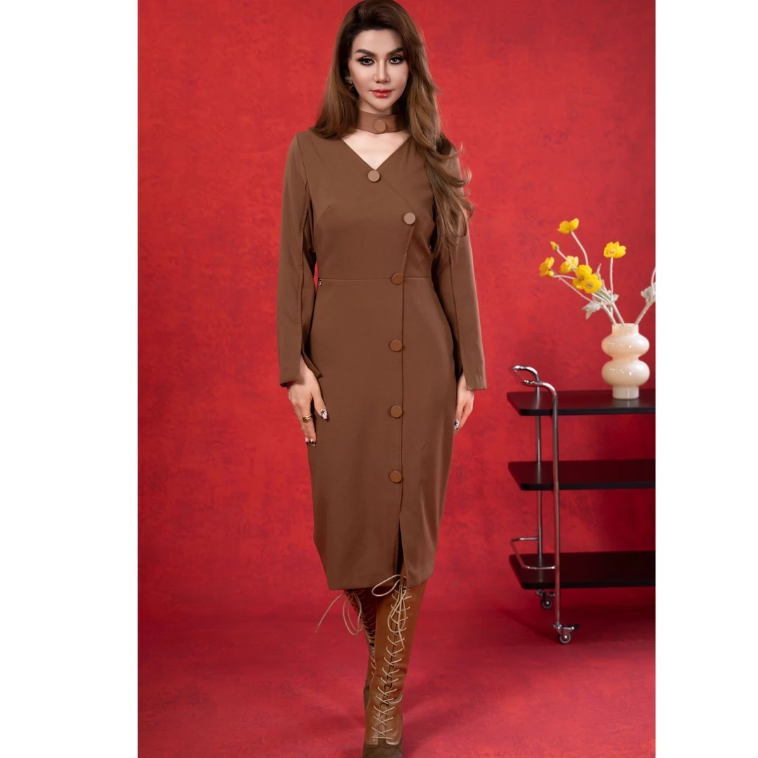 T·ameril 夏季长袖针织连衣裙显瘦高腰冬季V领女士礼服秋季