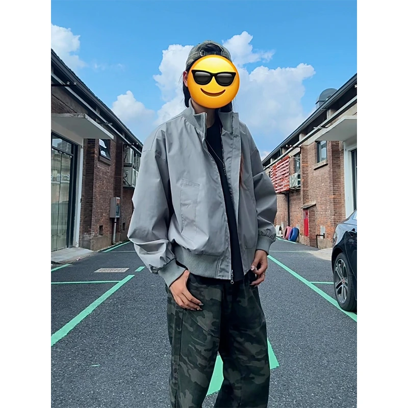 灰色cleanfit短款工装夹克男款秋季潮牌立领棒球服美式飞行员外套