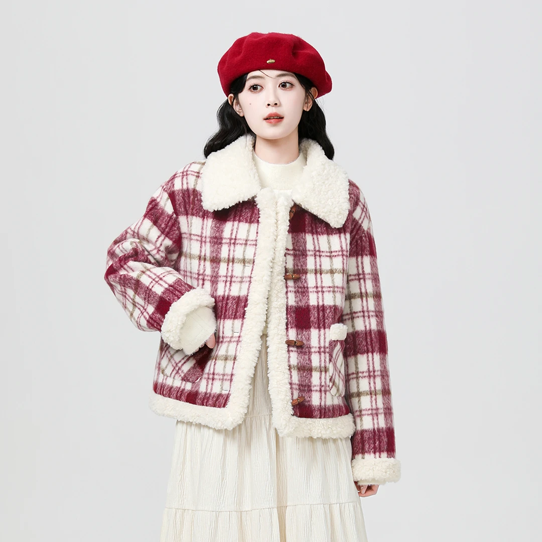 红色格子夹棉毛呢外套女秋冬2025新款保暖羊羔毛领呢子开衫短上衣