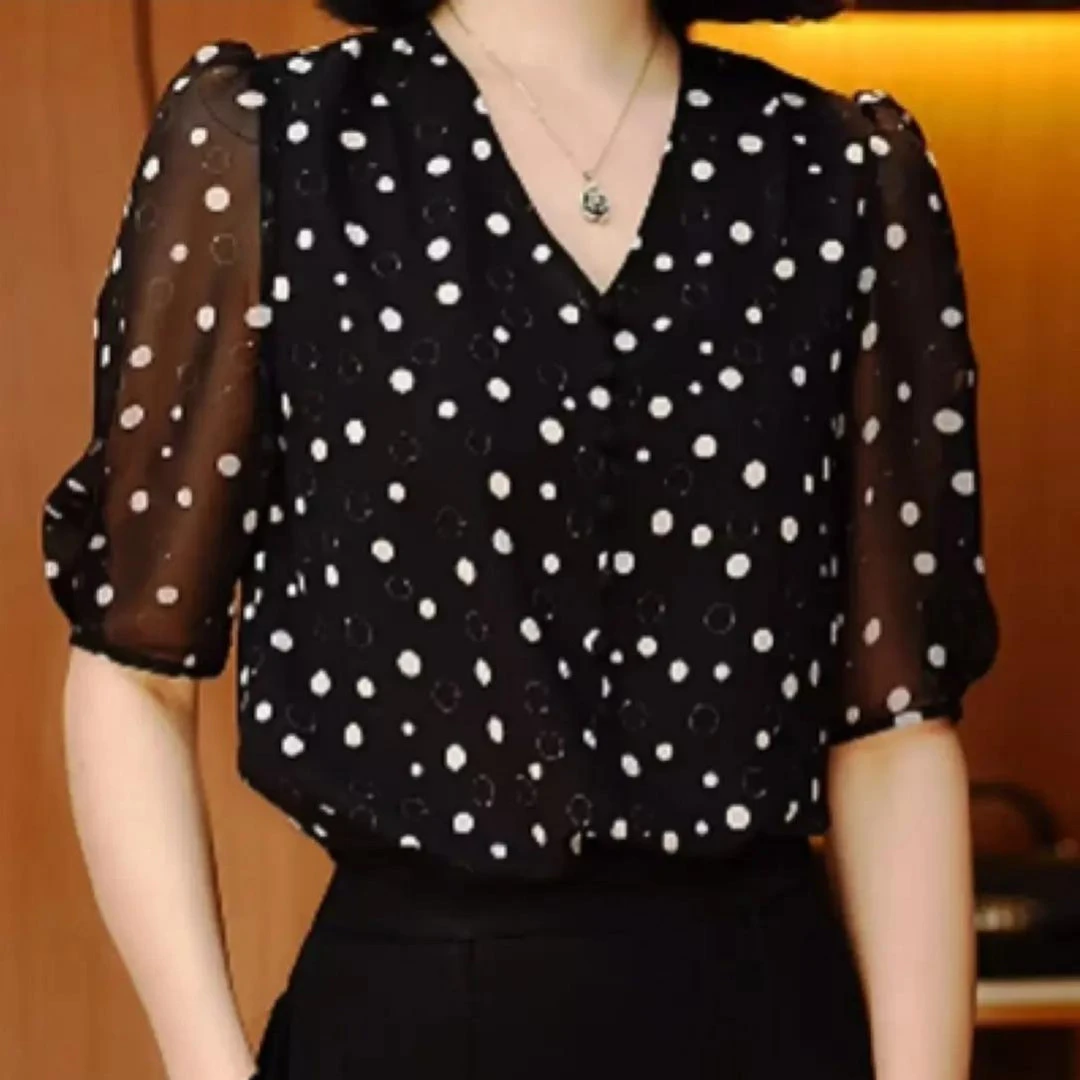 2025波点新款上衣百搭时尚气质v领印花洋气经典高级甜美小衫