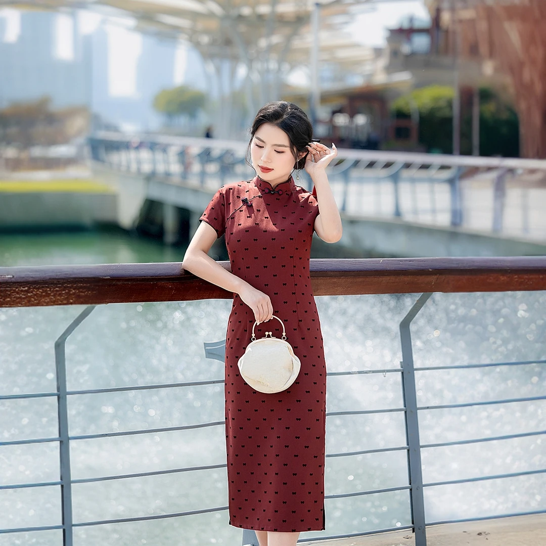 【酒红】显瘦旗袍气质时尚夏季中长款修身日常印花复古优雅送考