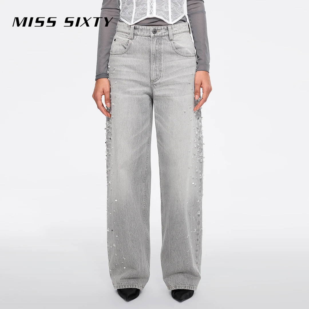 【商场同款新品】Miss Sixty25春牛仔裤女高腰阔腿裤钉珠欧若假日风