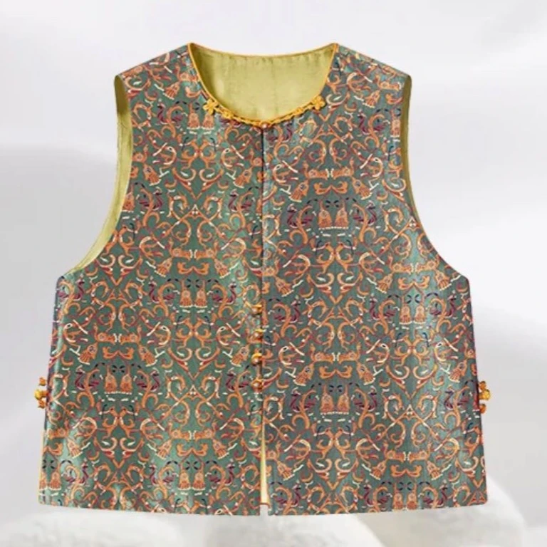 【莨美】桑蚕丝非遗蜀锦复古圆领马甲6015F