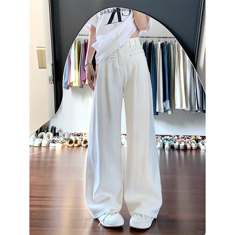 白色高腰褶皱牛仔裤女2025夏季新款前开袋设计感宽松阔腿直筒裤子