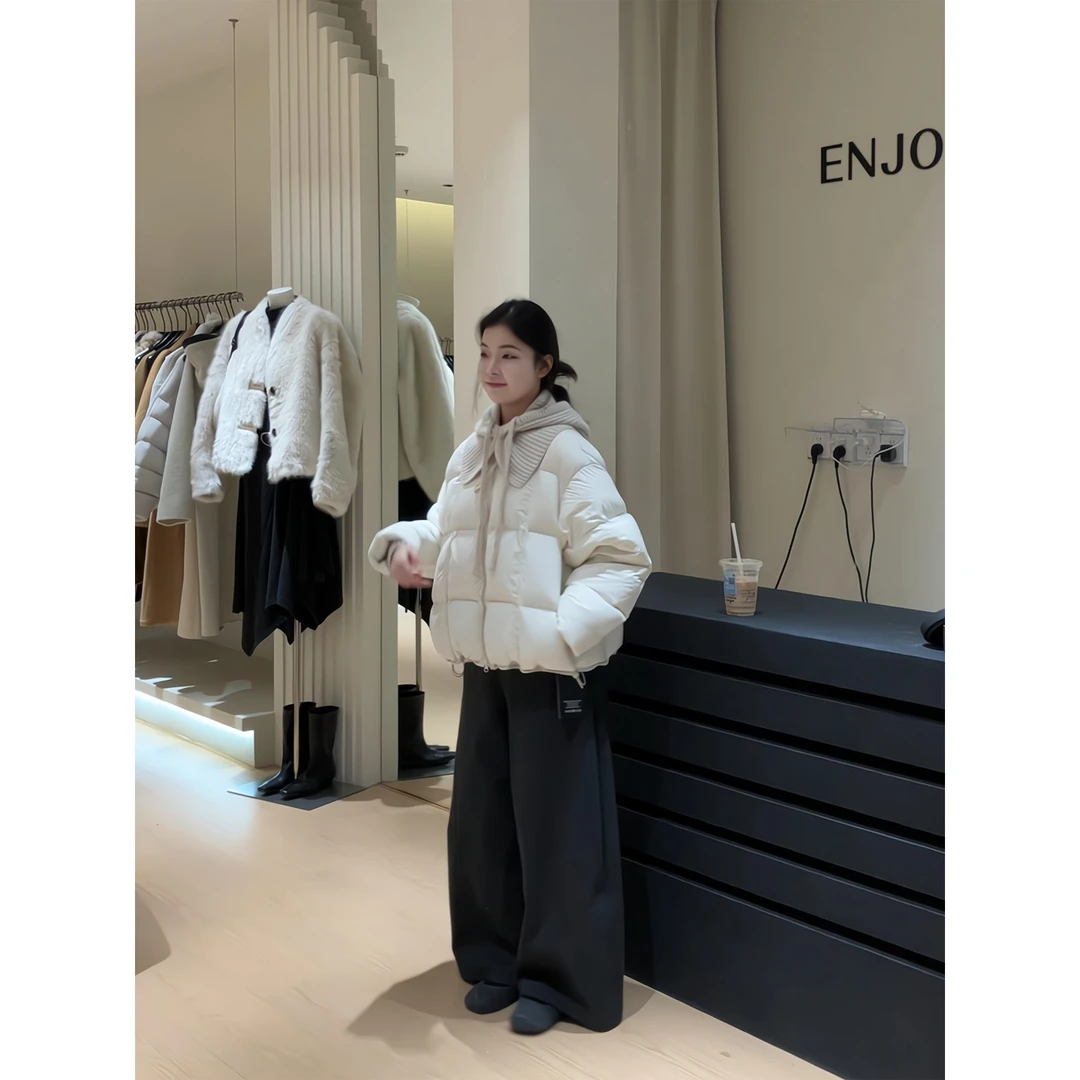 秋冬韩系针织连帽披肩短款加厚保暖外套阔腿休闲卫裤加绒款保暖裤