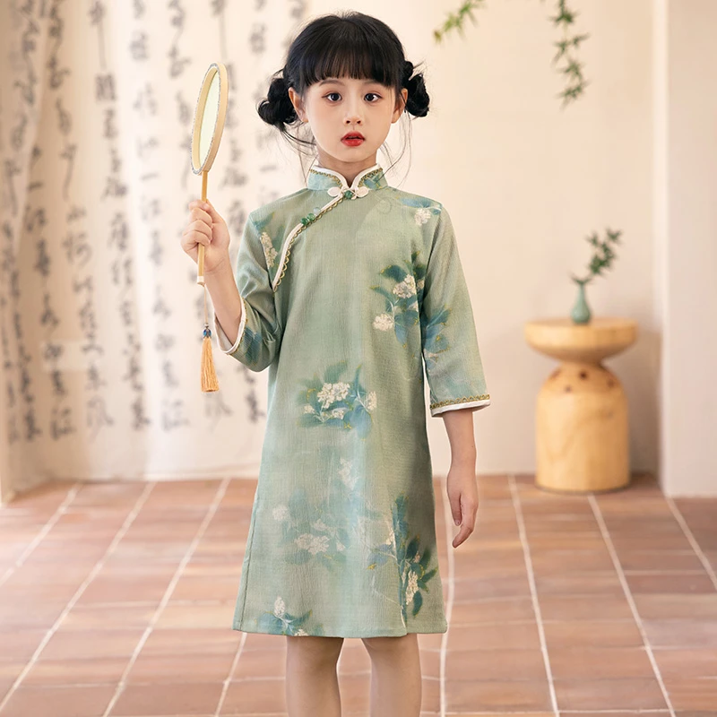 绿色儿童旗袍裙小清新女童中长袖唐装汉服改良新中式小女孩连衣裙