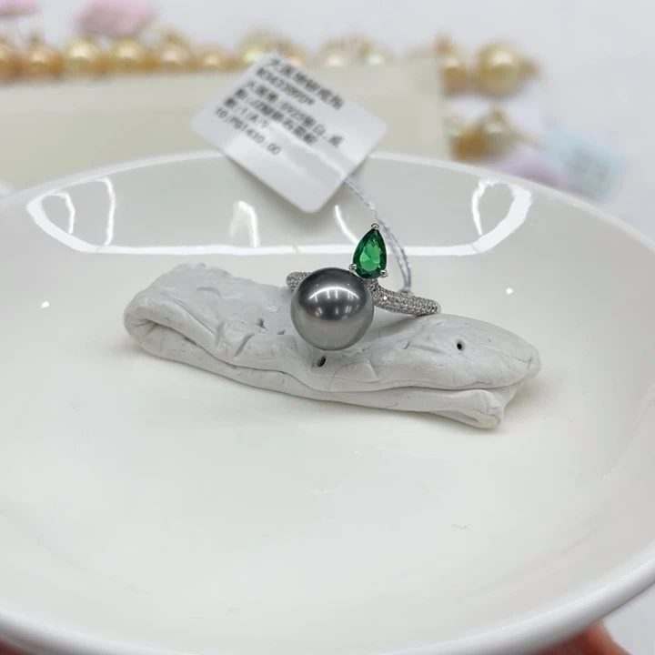银S925镶嵌戒指9-10mm 94号海水珍珠