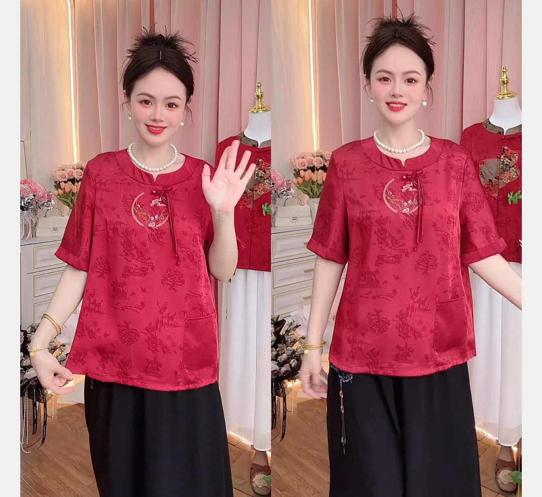 夏装女国风套装妈妈短袖女装衬衫老人衣服奶奶开衫T恤小衫