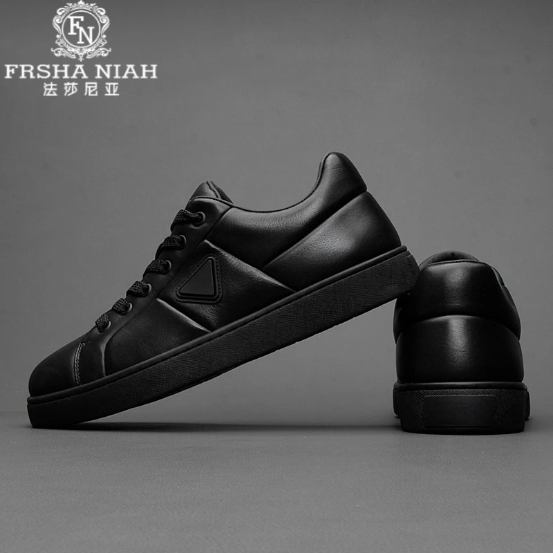 法莎尼亚男鞋时尚休闲运动板鞋男士百搭透气潮鞋黑色牛皮男士皮鞋