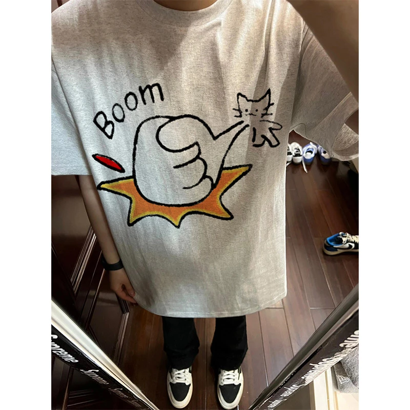 夏季小众潮牌趣味印花短袖男女情侣宽松圆领重磅纯棉半袖T恤上衣