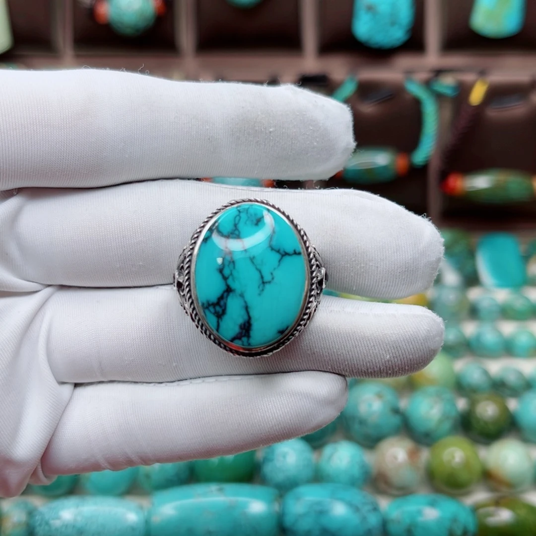 绿松石银S925镶嵌纯天然原矿绿松石