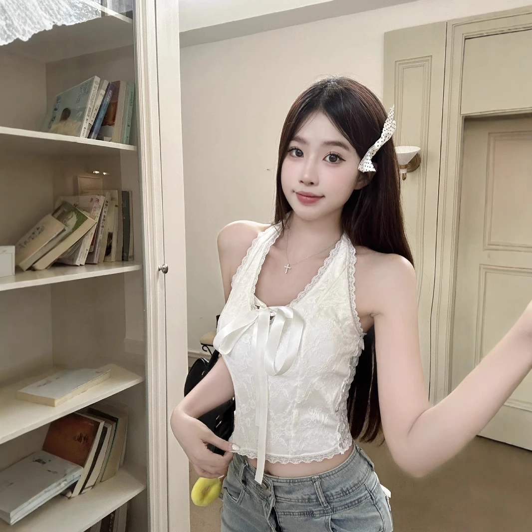 纯欲性感蝴蝶结拼接蕾丝挂脖露背短背心女带胸垫一体内搭外穿上衣