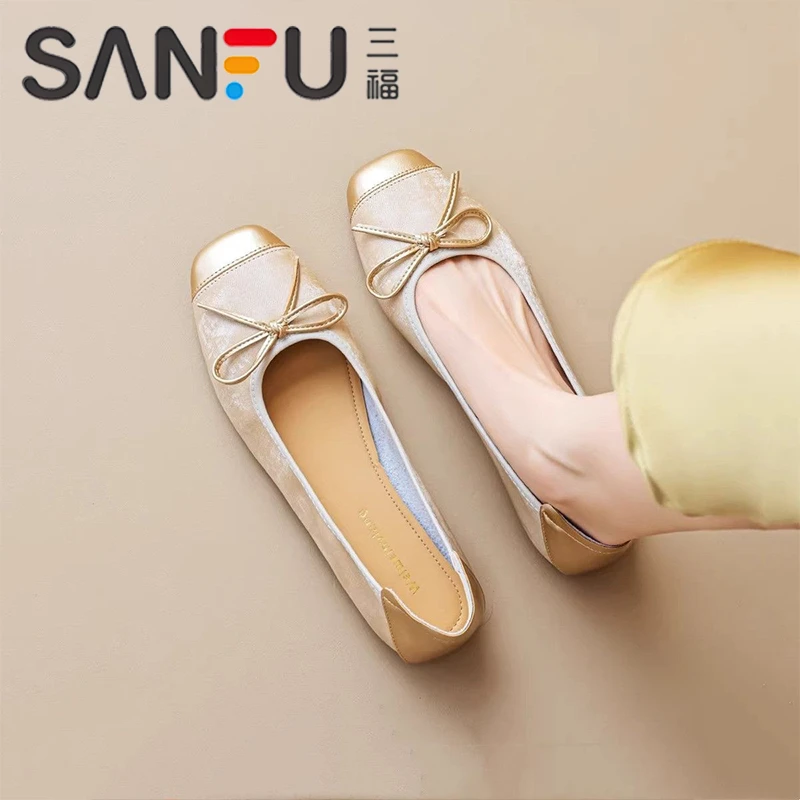 三福国风单鞋女款2025春夏新款蝴蝶结软底百搭配裙子爆款豆豆鞋鞋