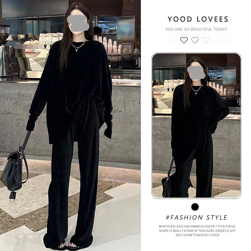 小众不撞款套装女新款高腰阔腿裤一整套ootd穿搭设计感长袖上衣潮