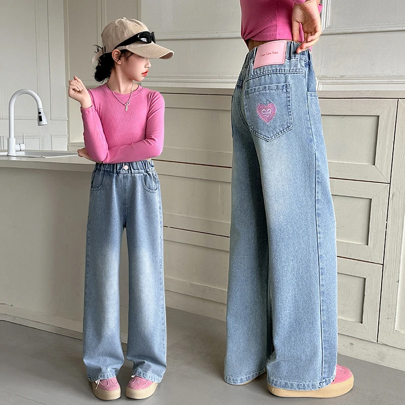女童牛仔裤春秋装中大童洋气浅蓝色休闲阔腿裤儿童春季窄版直筒裤