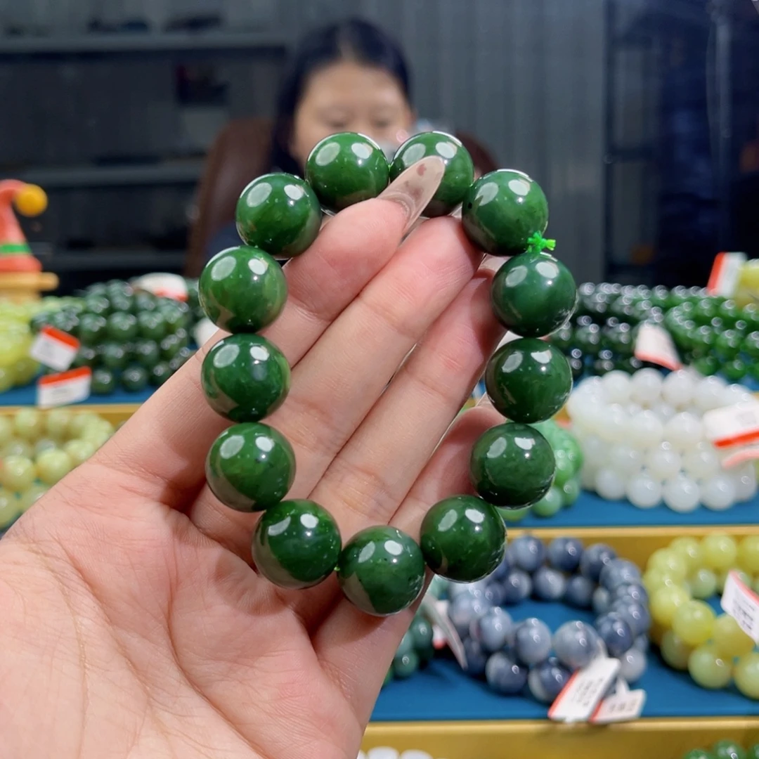 和田玉未镶嵌手链天然和田玉俄碧菠菜绿手串16微瑕