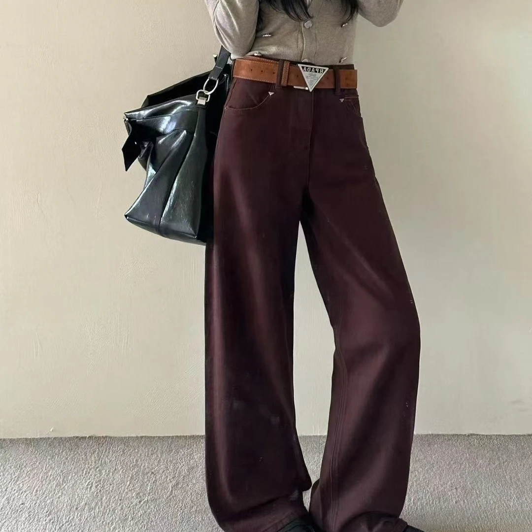 柒熙008早秋百搭腰带阔腿弯刀裤牛仔裤