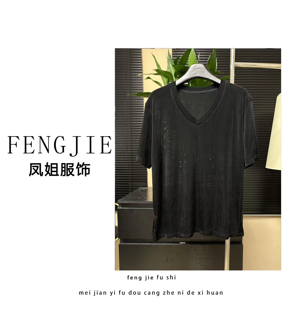 凤姐定制 {V领醋酸短袖} F0052025005 时尚百搭休闲半袖简约V领女