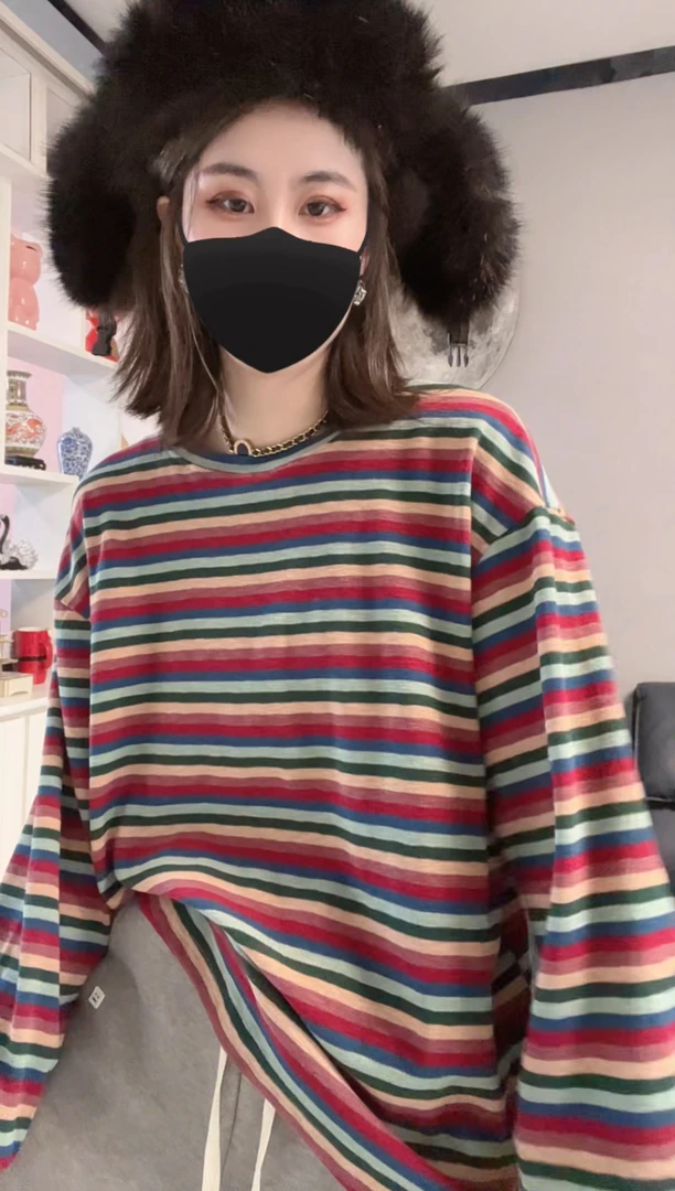 （彩条）上衣别致独特超好看撞色条纹打底衫女弹力长袖t恤