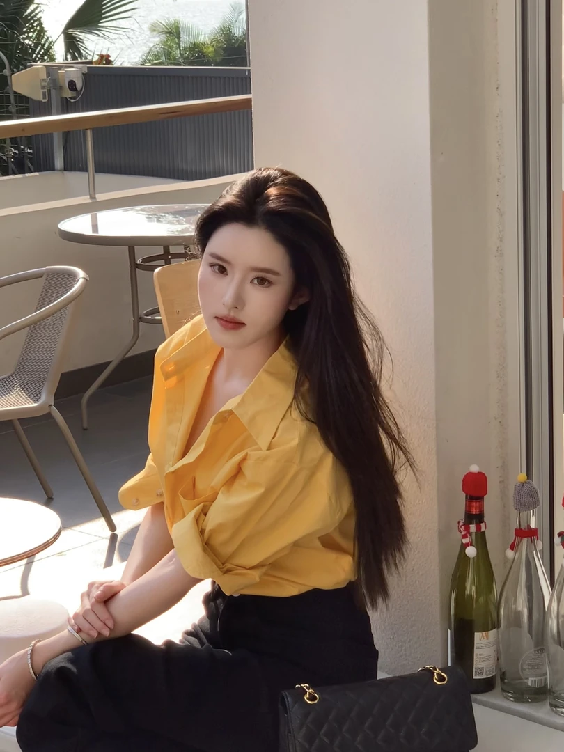 春季韩系穿搭衬衫纯棉黄色正肩衬衣独特超好看外套长袖上衣女百搭