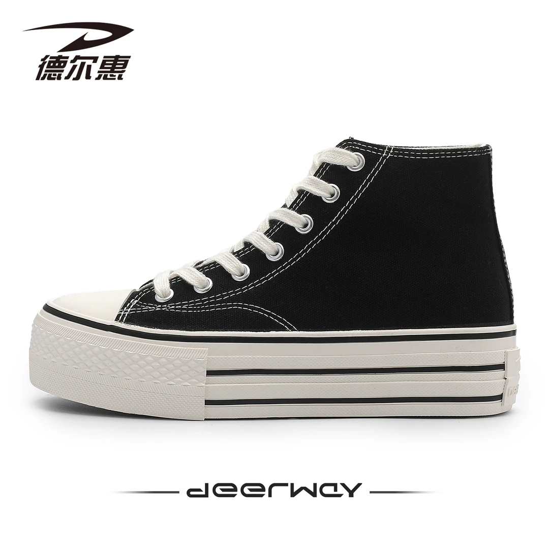 德尔惠厚底高帮帆布鞋女2025新款内增高运动板鞋百搭小众休闲女鞋