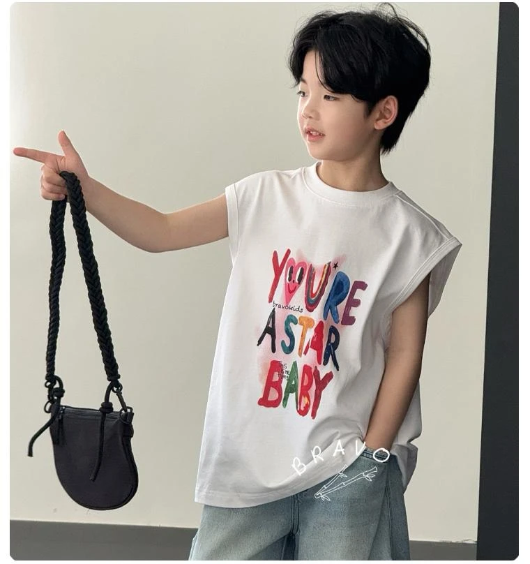 男童背心薄款夏季2025童装宽松洋气潮牌字母中大童纯棉无袖上衣