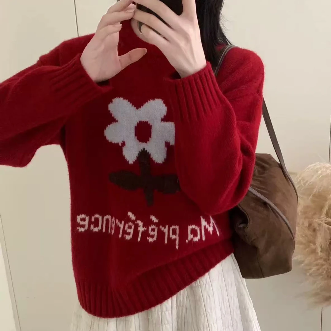 韩系冬圆领保暖加厚字母花花刺绣宽松女针织套头衫7212